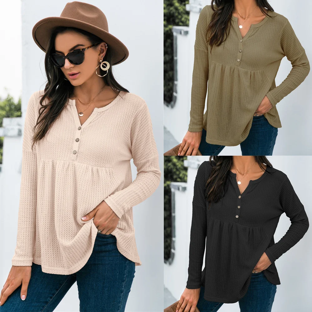 

2021 Autumn Women's New Button Waffle Loose Long Sleeve Top
