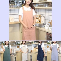 fashion cotton linen cross back pocket kitchen protective apron cafe smock