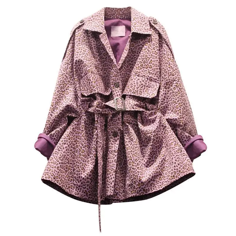 Женский тренчкот с завышенной талией розовый леопардовым принтом и отложной