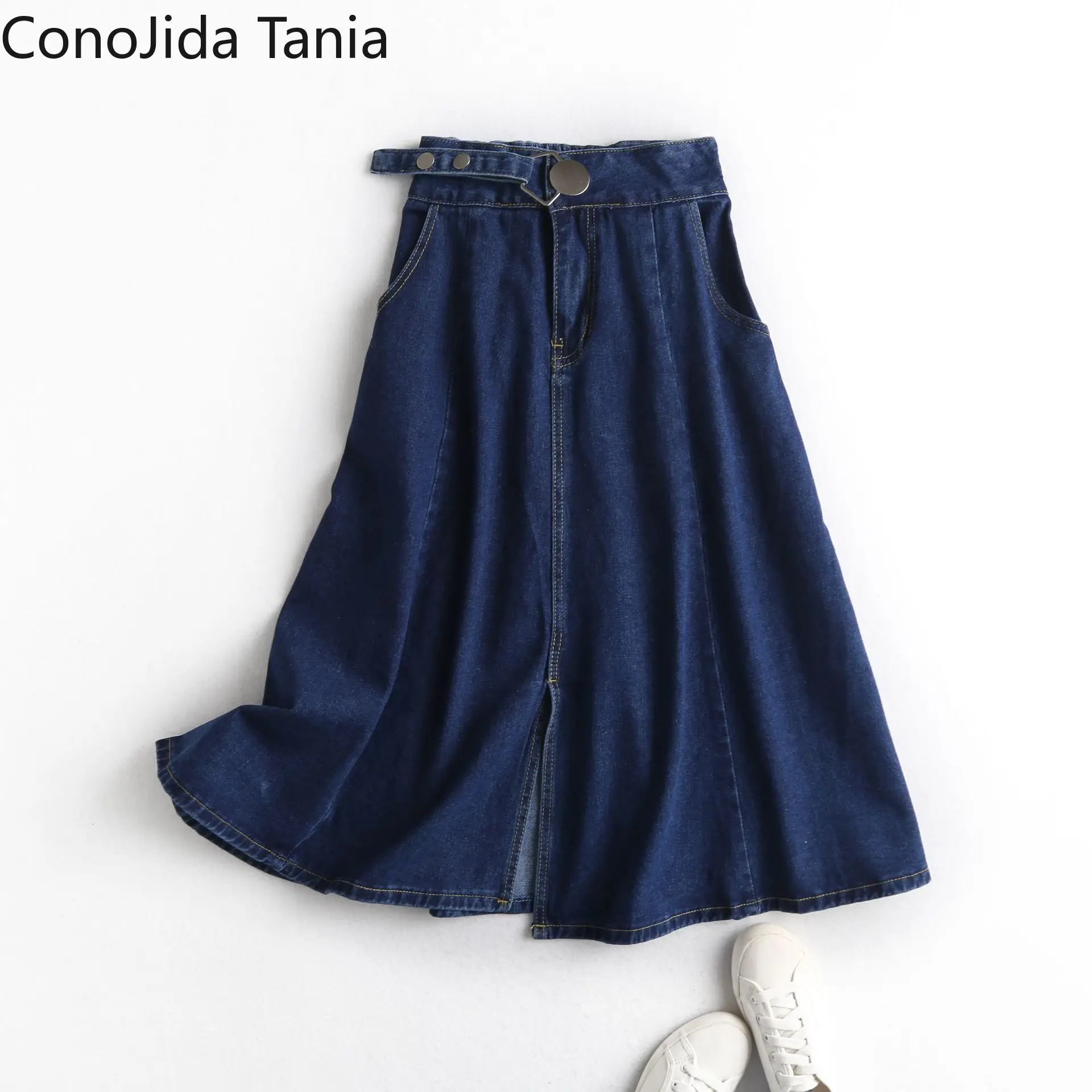 

Korean Version of Women's New Medium-length High-waisted Large Button-down Fork Denim Skirt