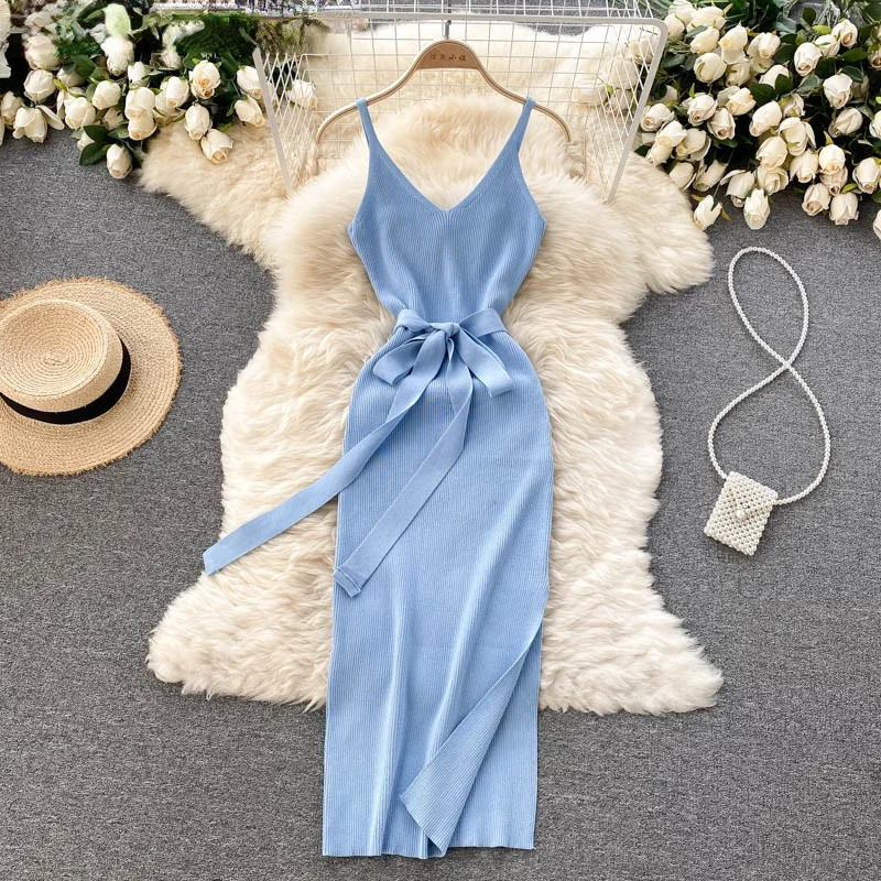 

Женское трикотажное платье на шнуровке, повседневное однотонное платье на бретельках с V-образным вырезом, лето 2021