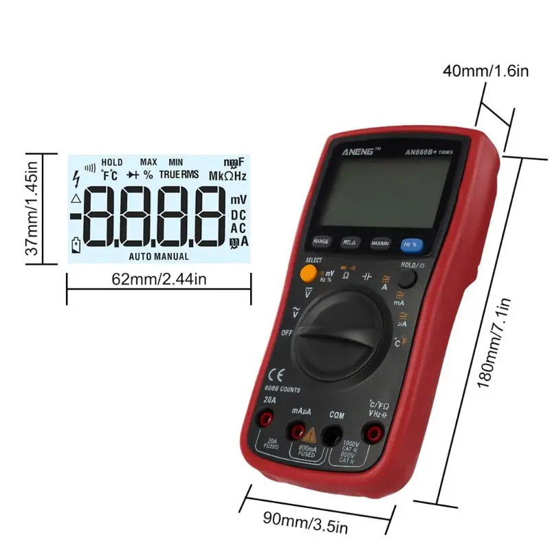 

Digital Multimeter TRMS 6000 Counts Backlight AC/DC Current Voltage Resistance Frequency Temperature Tester AN860B+ with Test