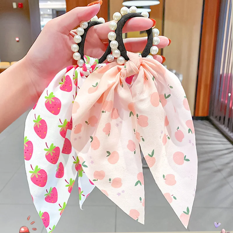 

Fashion Imitation Pearls Long Ribbons Scrunchie Hair Accessories Women Elegant Printing Ponytail Holder Girls Elastic Hair Bands