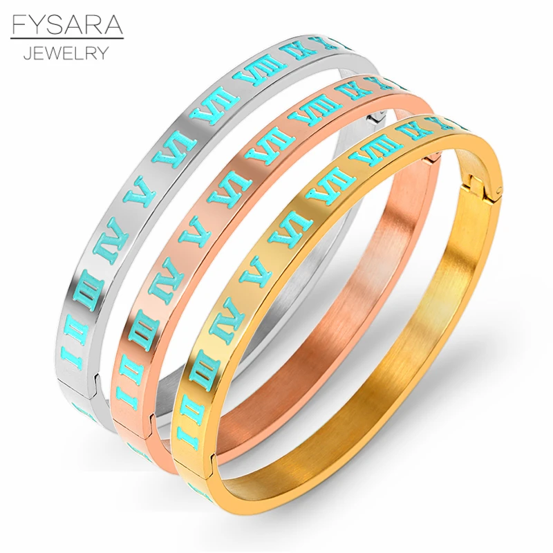 

FYSARA Luxury Brand Blue Enamel Bangles & Bracelets For Women Roman Letter Sliver Gold Bangle Stainless Steel Jewelry Pulseiras