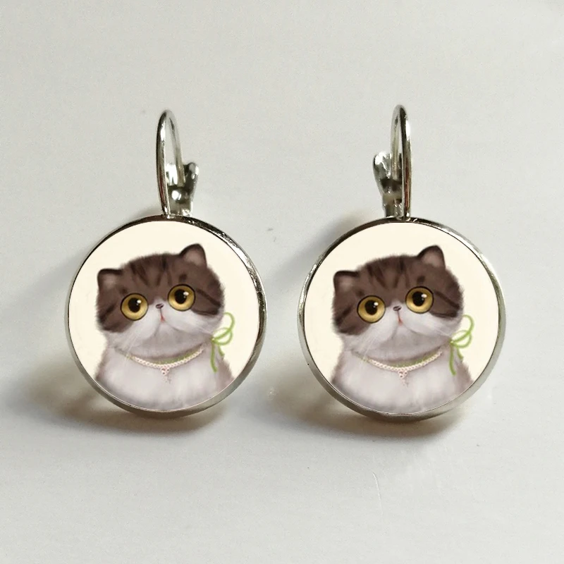 Fashion Cute Cat Stud Earring For Women Glass Cabachon Bezel Brincos Perola Art Photo Dome Round Earrings Jewelry | Украшения и