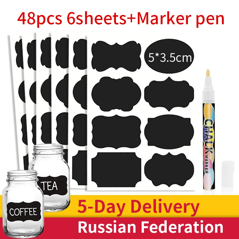

48PCS Blackboard Label Stickers With Marker Pen Waterproof Transparent Spice Food Seasoning Kitchen Jars Stickers For Cans