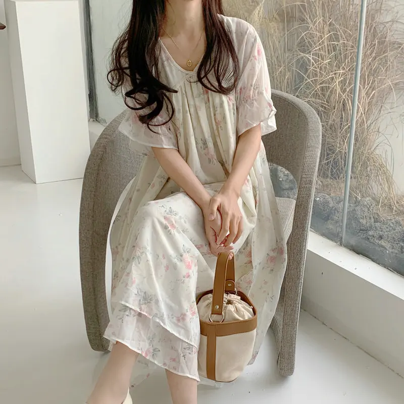 

Summer Women Romantic Floral Beige Chiffon Dresses V-Neck Calf Length Ruffle Short Sleeve Layered One Piece Beach Casaul Robe