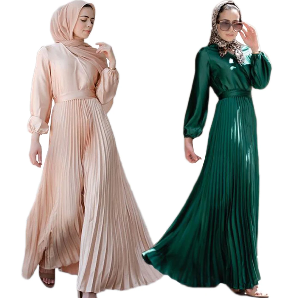 Мусульманское Плиссированное длинное платье в стиле пэчворк, женское, с V-образным вырезом, абайя, Арабская, джилбаб, модный длинный рукав, О...