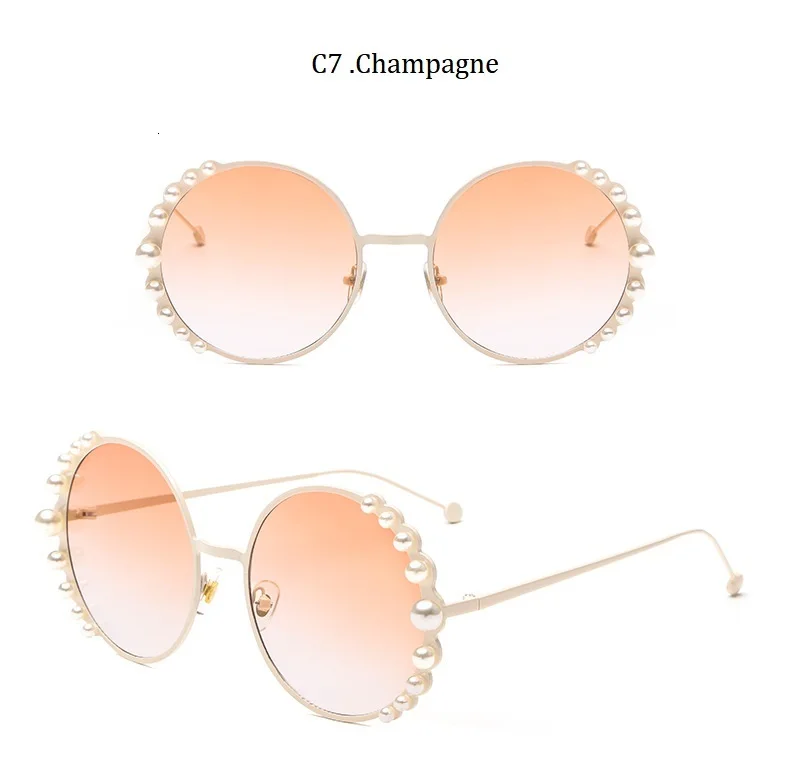 Luxury Beads Round Sunglasses Women Fashion Alloy Frame Brand Pearls Designer Sun Glasses For Female Brown Shades UV400 New