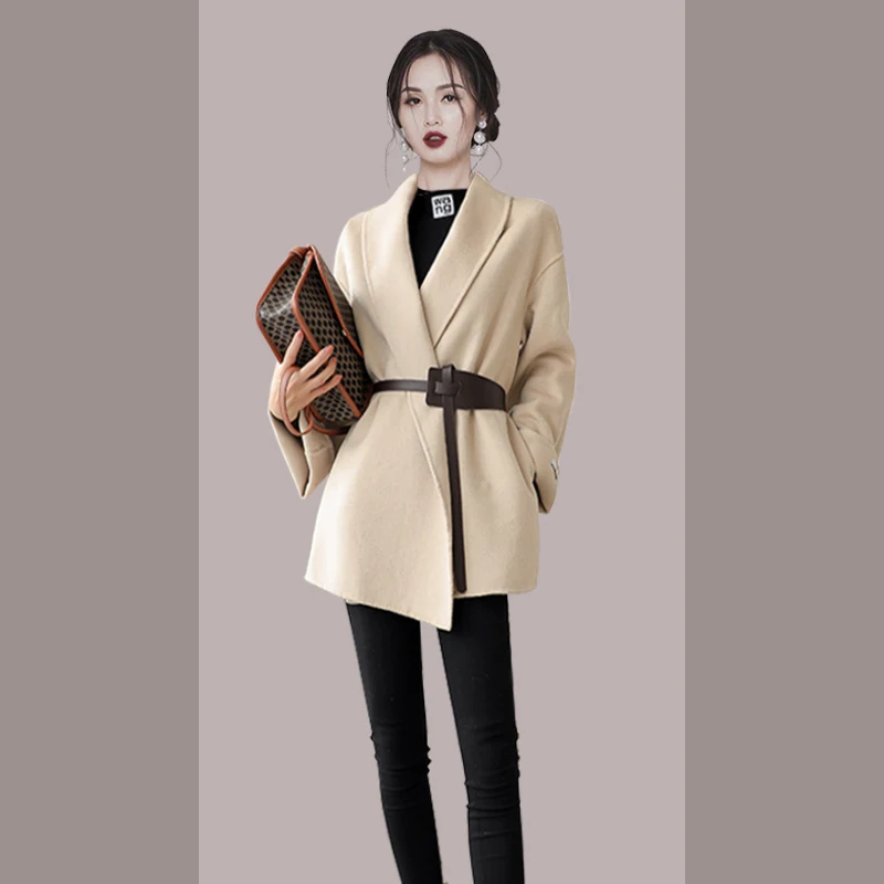 

Korea Chic Women's New Wool Short Jacket Autumn Winter 2021 Casual Temperament Woolen Overcoat With Belt Female