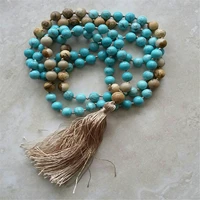 6mm turquoise picture stone knotted tassel 108 bead mala necklace tibetan retro religious japa
