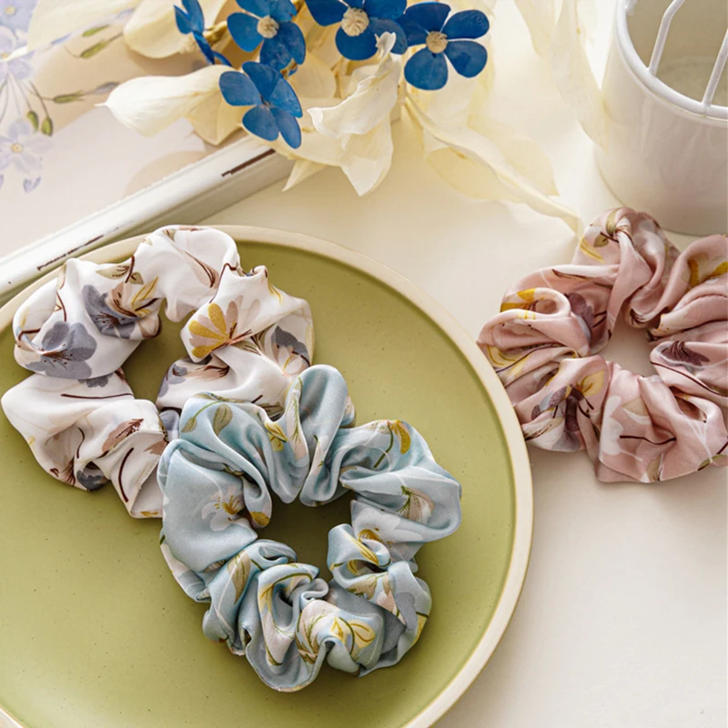 

Шелковые атласные резинки для волос в виде большого кишечника резинки для волос с цветочным принтом эластичные резинки для волос универсал...