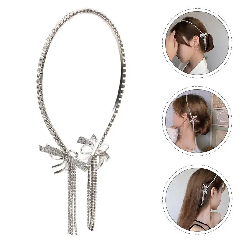 

Elegant Rhinestone Headband Hairband Headdress with Bow Tassel Hair Jewelry