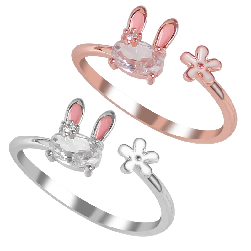 

Lovely Little Ring Necklace Aesthetic Rabbit Vintage Flower Kpop Adjustable Opening Friends Small Chains Temperament Gift