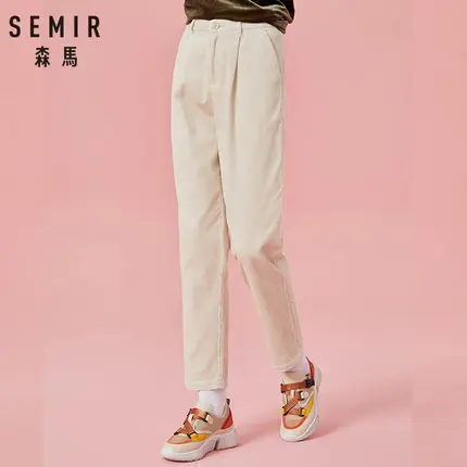 SEMIR, женские укороченные вельветовые брюки, хлопок, женские брюки классического кроя, прямые брюки с молнией и пуговицами, Ретро стиль - Цвет: Shallow khaki