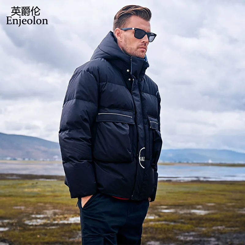 Мужской пуховик с капюшоном Enjeolon теплая куртка контрастных цветов на белом