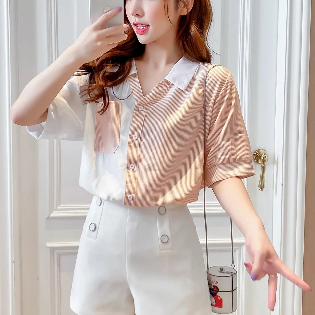 Женская винтажная рубашка в полоску с отложным воротником на пуговицах|Блузки| |