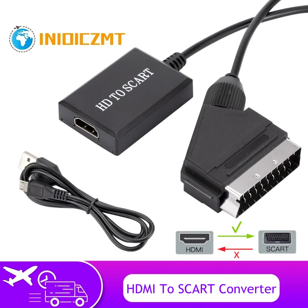 

INIOICZMT HD 1080P HDMI Input To SCART Output Video Audio Converter Adapter For HDTV DVD For Sky Box STB Plug and Play DC Cables