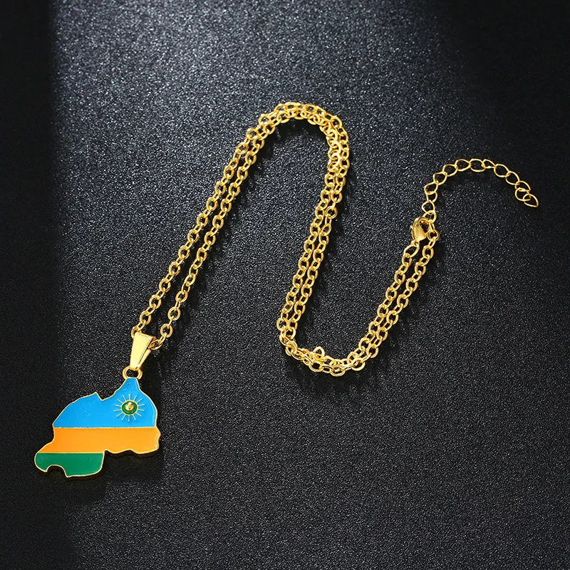 

WANGAIYAO World Map Rwanda Africa Map Flag Pendant Necklace Stainless Steel Chain Men's Women's Jewelry