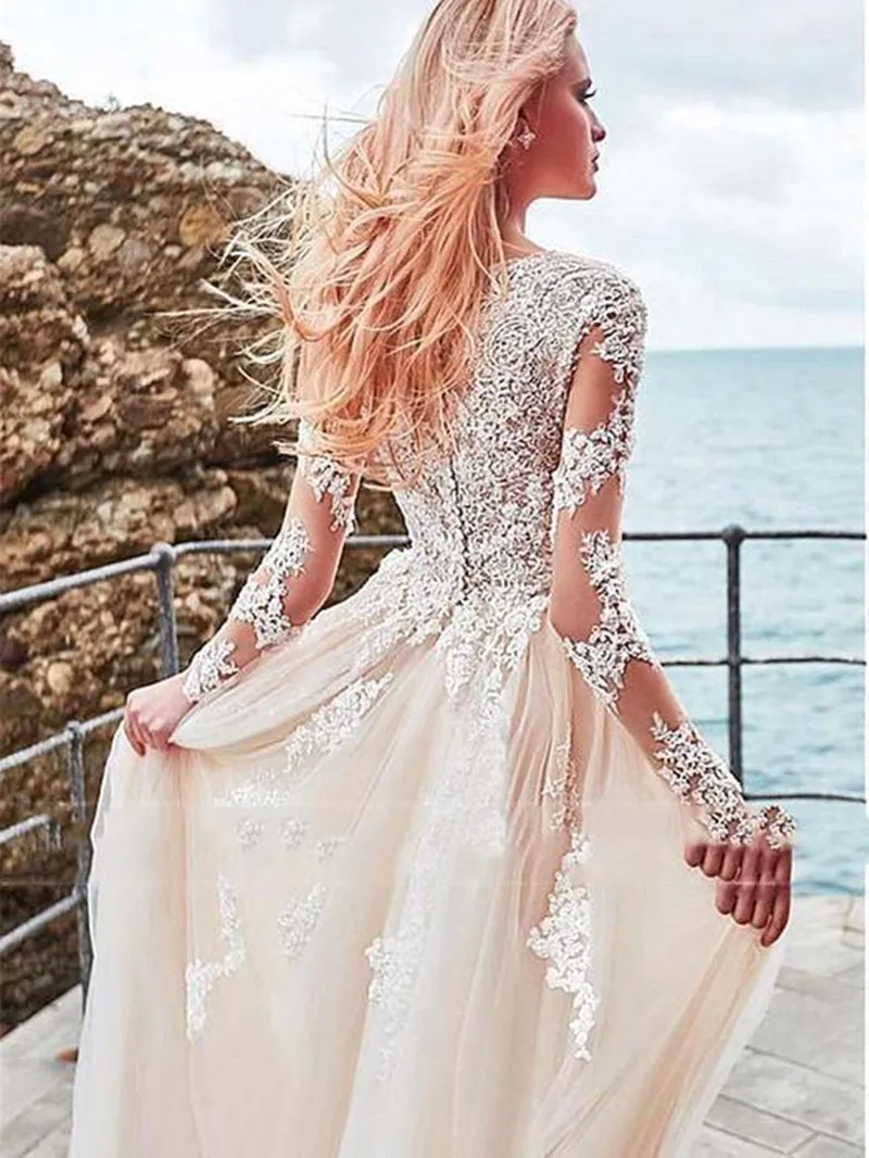 

Romantic Beach Style Bohemian Lace Wedding Dress 2019 Elegant Long Sleeve Bride Dress Tulle Wedding Gowns Vestido De Noiva