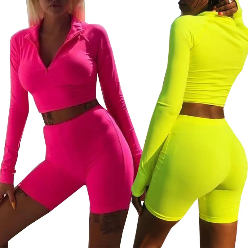 Женский неоново зеленый комплект из двух предметов для фитнеса короткий топ с