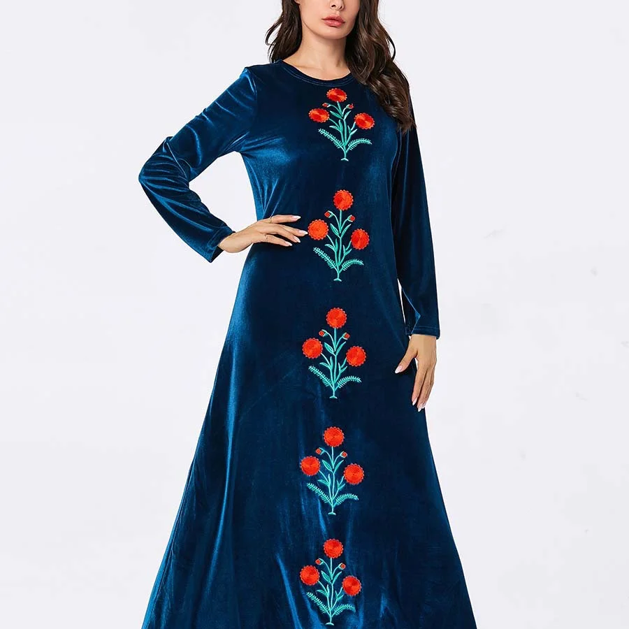 

Muslim Fashion Dignified Large Size Arab Women's Dress Blue Plant Embroidered Leisure Velvet Swing Dress Open Abaya Robe