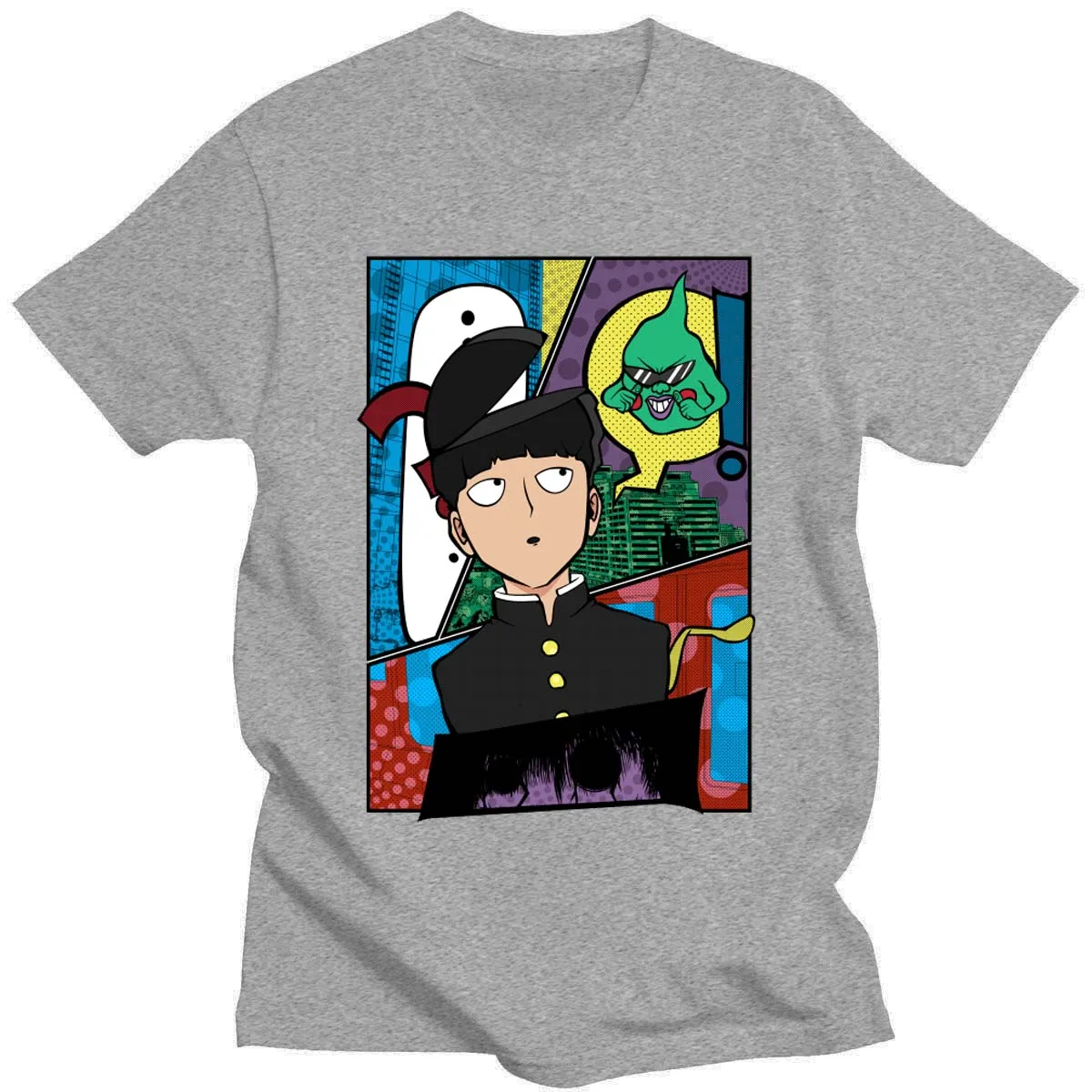 Летняя модная мужская футболка с принтом манга и моб из чистого хлопка коротким