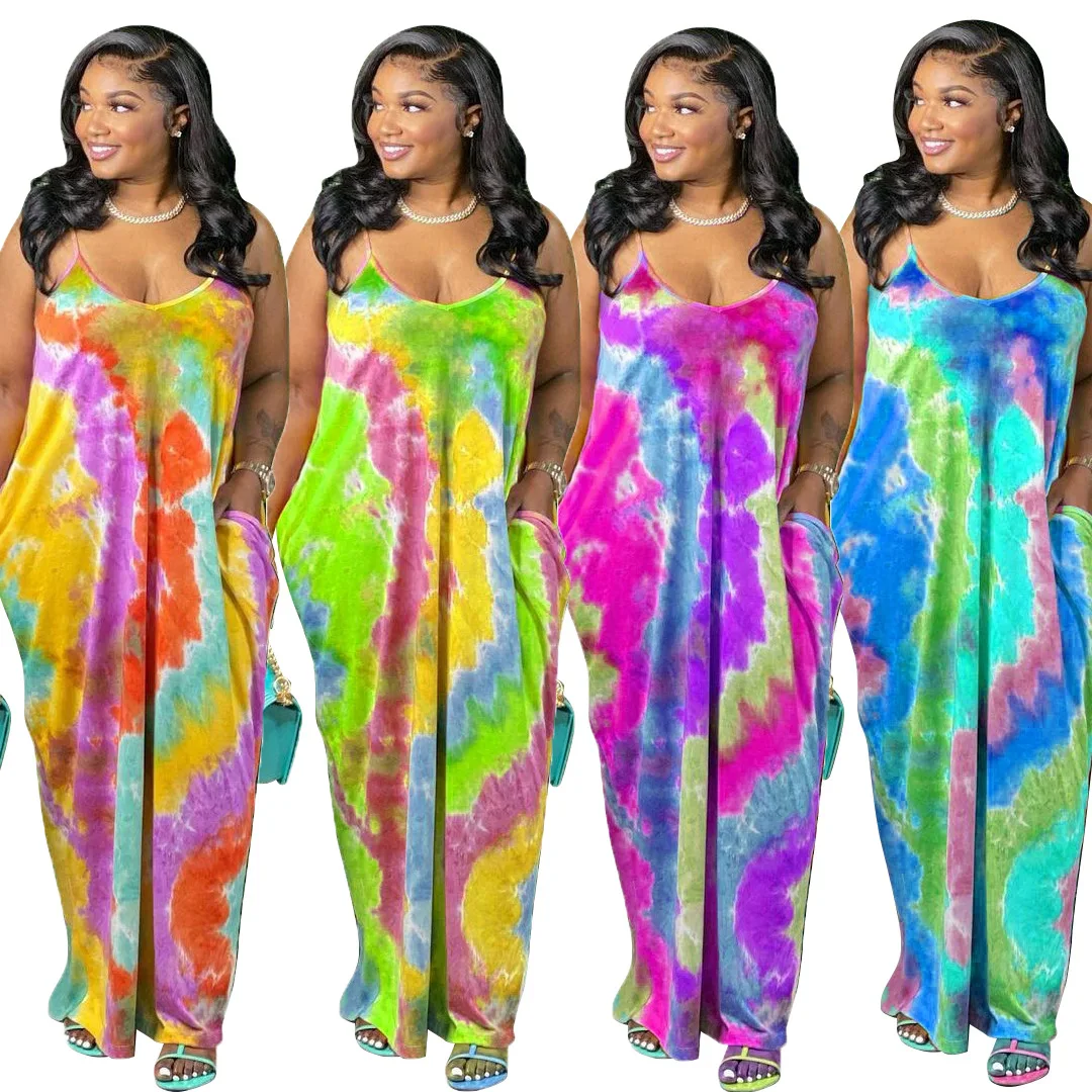 

Sexy Spaghetti Strap Women Dress Print Tie Dye Loose Long Dress Vestido Summer Beach Clothes For Women