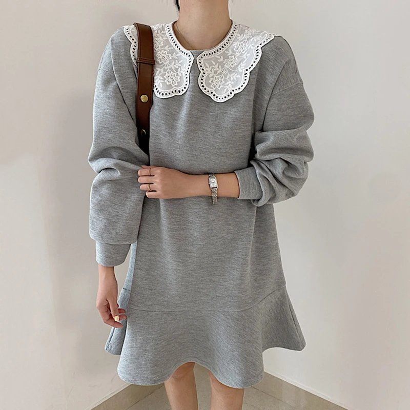 Женское платье-пуловер с длинным рукавом [EWQ] черное большого размера и отложным