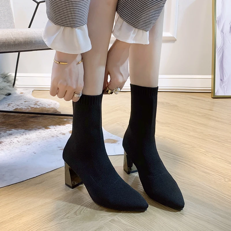 Обувь Bootee/ г. Женские ботинки на высоком каблуке ботинки на шнуровке женские ботильоны с острым каблуком на не сужающемся книзу массивном каблуке Осенние Прорезиненные чулки на шнуровке