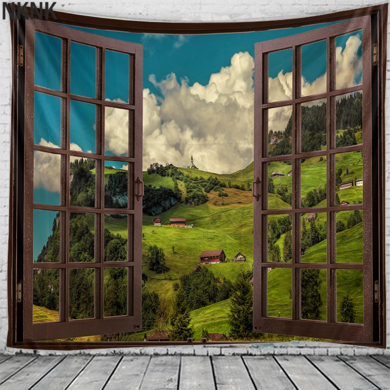 

3D window scenery decoration tapestry hippie wall bohemian style decoration tapestry bedroom dormitory wall tapestry