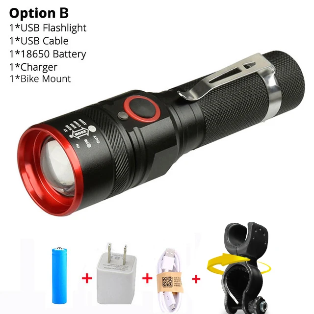 Option B 10000 Lumens Bike Light Ultra-Bright Zoom T6 Bicycle Front LED Flashlight Lamp USB Rechargeable Cycling Light By 18650 Battery - Цвет: Option B