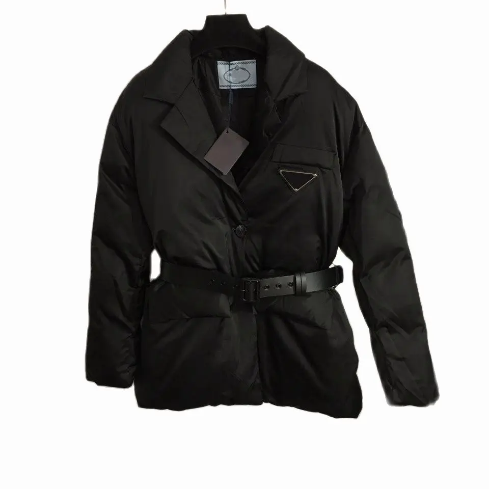 

Женская однотонная зимняя пуховая куртка, парки 2021, теплая куртка средней длины с воротником-стойкой и поясом на талии, плотное черное пальт...