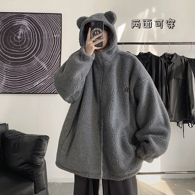 

Men's winter coat lamb wool hooded padded jacket unisex thickened personality double-sided wear grunge Preppy cotton wrap coat