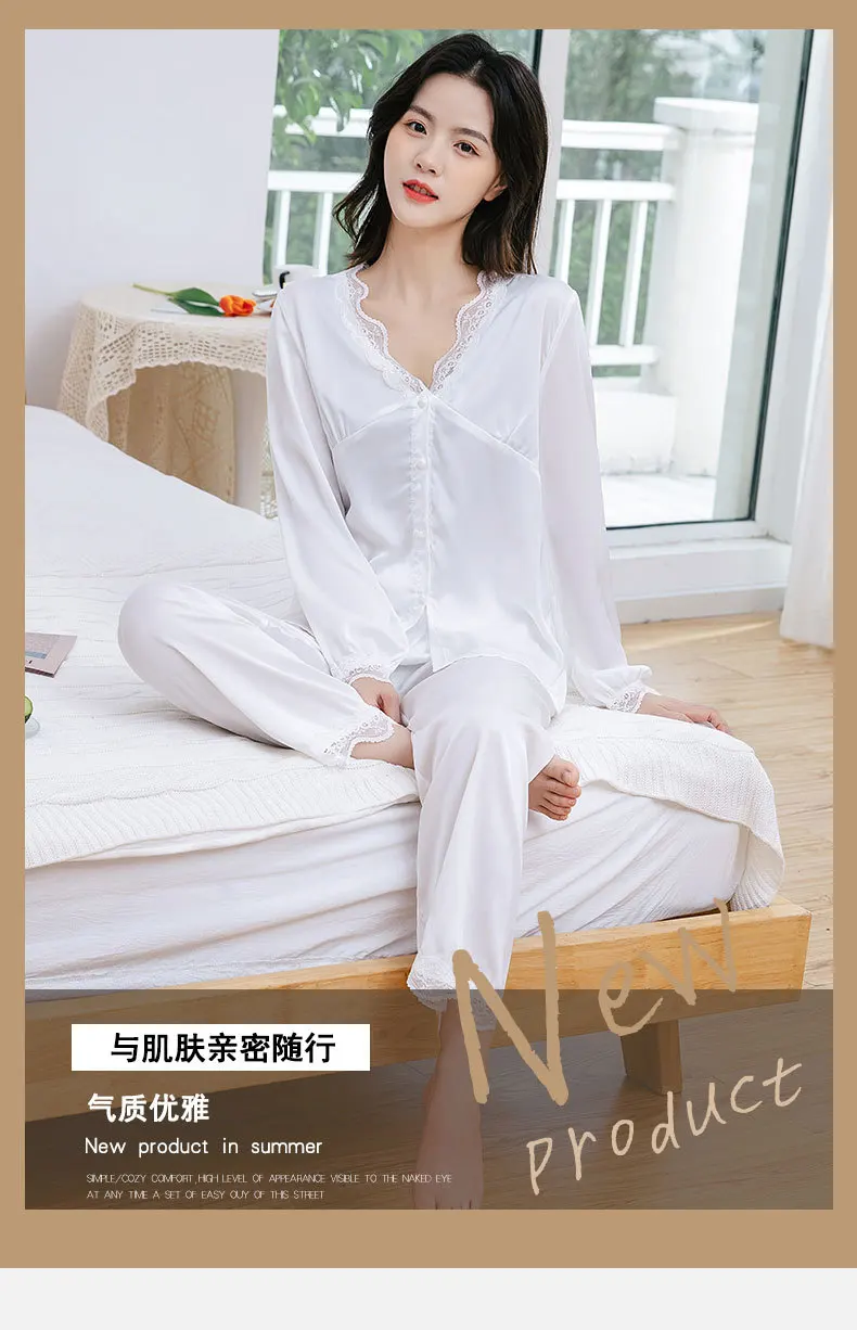 Spring Autumn Home Wear Lace Women's Pajamas Suit Sexy Nightwear V-neck Ice Silk Sleepwear Female Sleeping Wear Lounge Sets