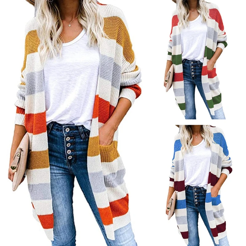 

Женский Цветной кардиган в полоску с длинным рукавом, Открытый спереди, вязаный свитер, пальто