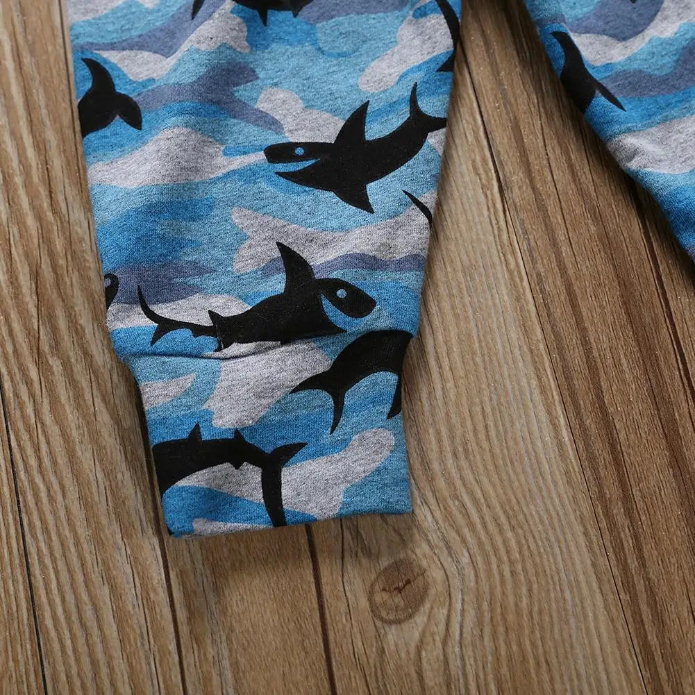 Baby Infant Boy 2pcs Sets Fashion Trend Shark Clothes Pockets Winter Personality Printing Hoodie Sweatershirt Pants
