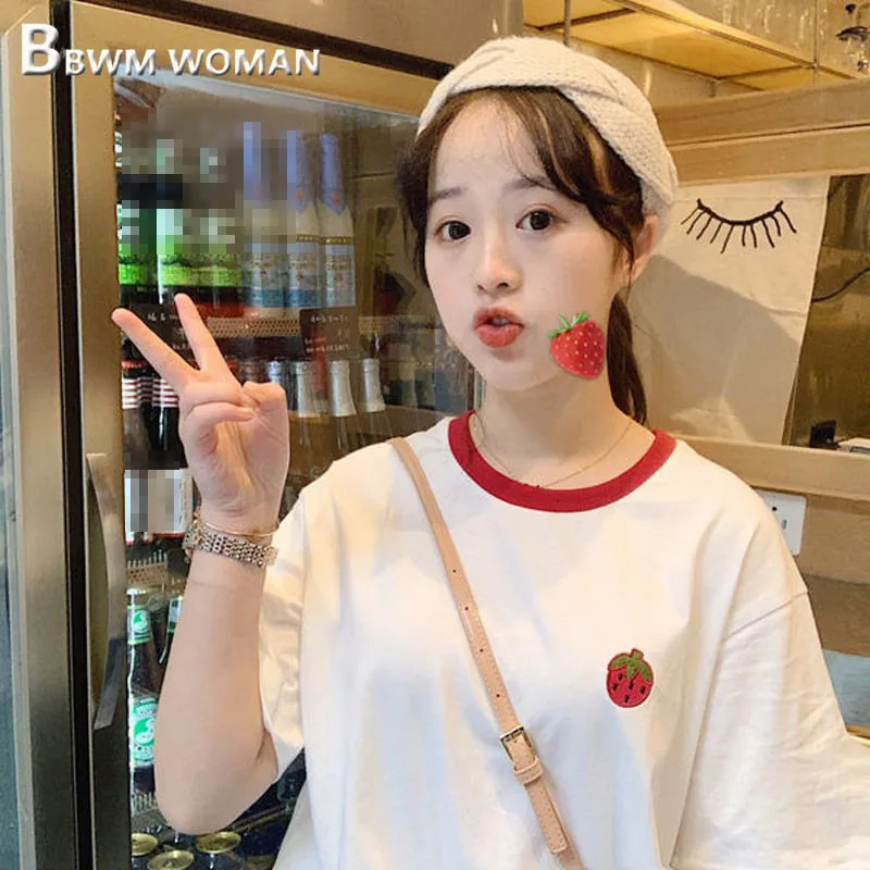 Корейская Летняя женская футболка клубника популярные женские футболки