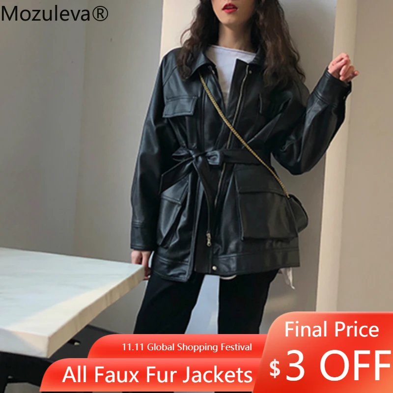 

Mozuleva Women Faux Leather Jackets PU Black Coats Vintage Motor Biker Jackets Loose Tie Belt Waist Pockets Buttons Coats
