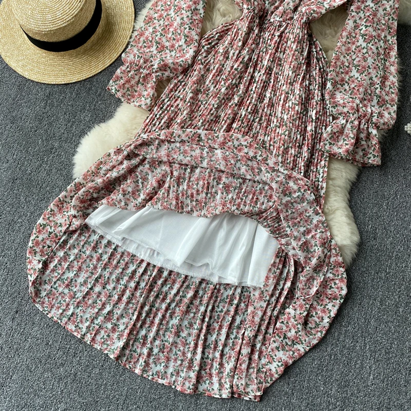 

Spring Autumn Women Floral Printed Pleated Dress Female Stand Collar Drawstring Flare Long Sleeve Draped Vestidos Fashion 2021