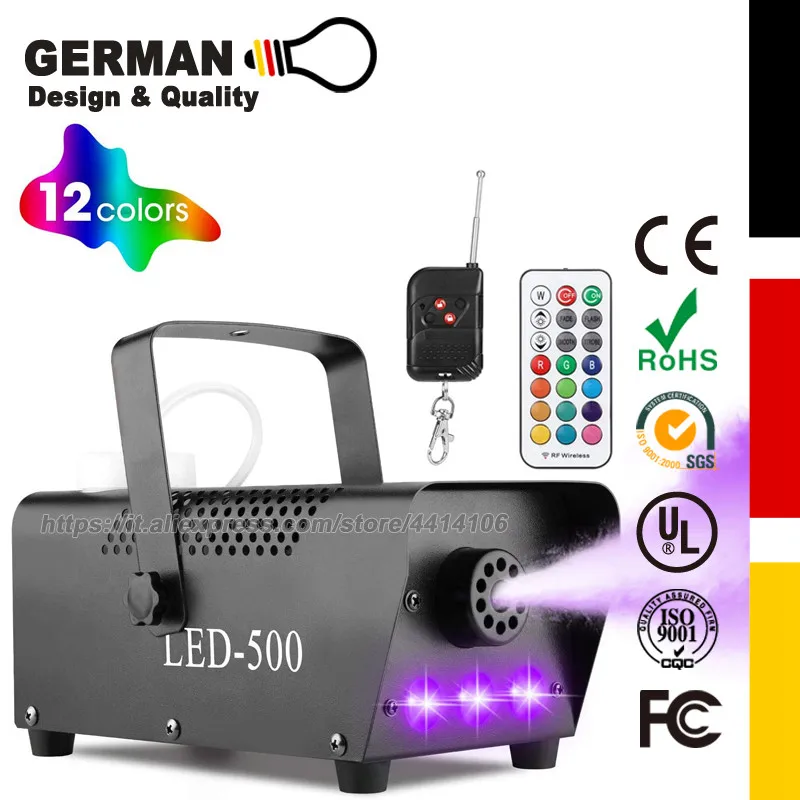 Halloween Fog Machine LED Lights with 12 Colors Strobe Effect for Party Wedding Holiday Christmas 500W Upgraded Wireless Remote