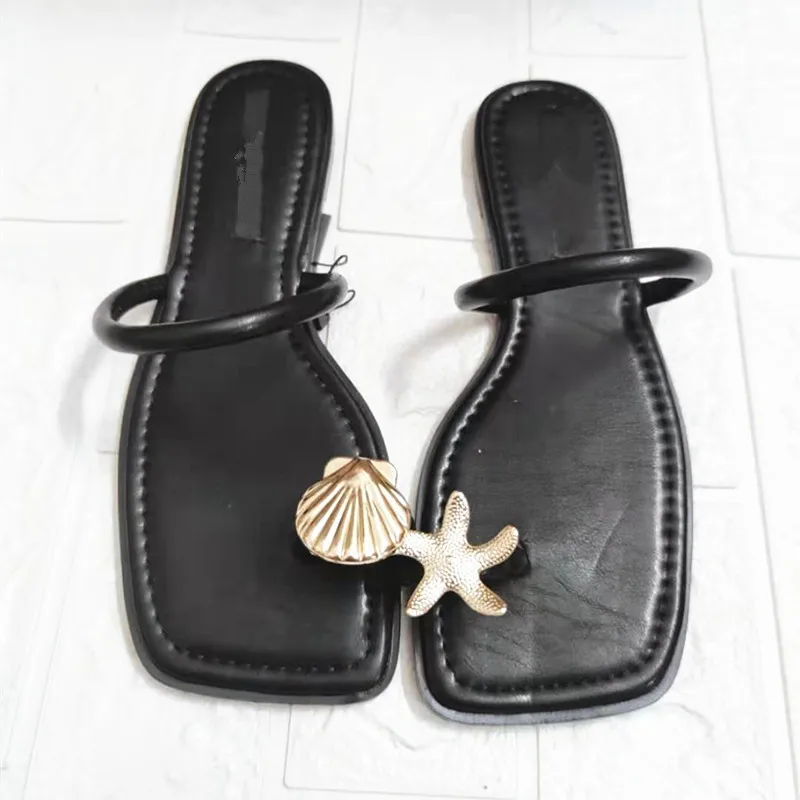 

Women's Slippers Summer 2021 New Black Metal Buckle Decorated with A Word with Flat Sandals Women Retro Outer Wear Flip Flops