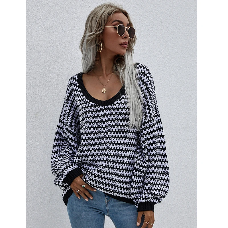 

Новинка 2021, Женский вязаный свитер с v-образным вырезом, длинный рукав, Свободный пуловер в полоску, Осенний джемпер, Женский винтажный шикар...