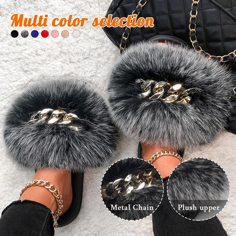 

Women Fox Fur Slippers Real Fox Fur Slides Lovely Plush Slippers Woman Summer Home Sandals Women Fur Slides Furry Flip Flops Hot