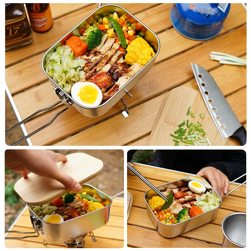 

900ML Stainless Steel Lunch Box Breakfast Boxes Outdoor Camping Hiking Food Storage Container With Bamboo Cover Chopping Board