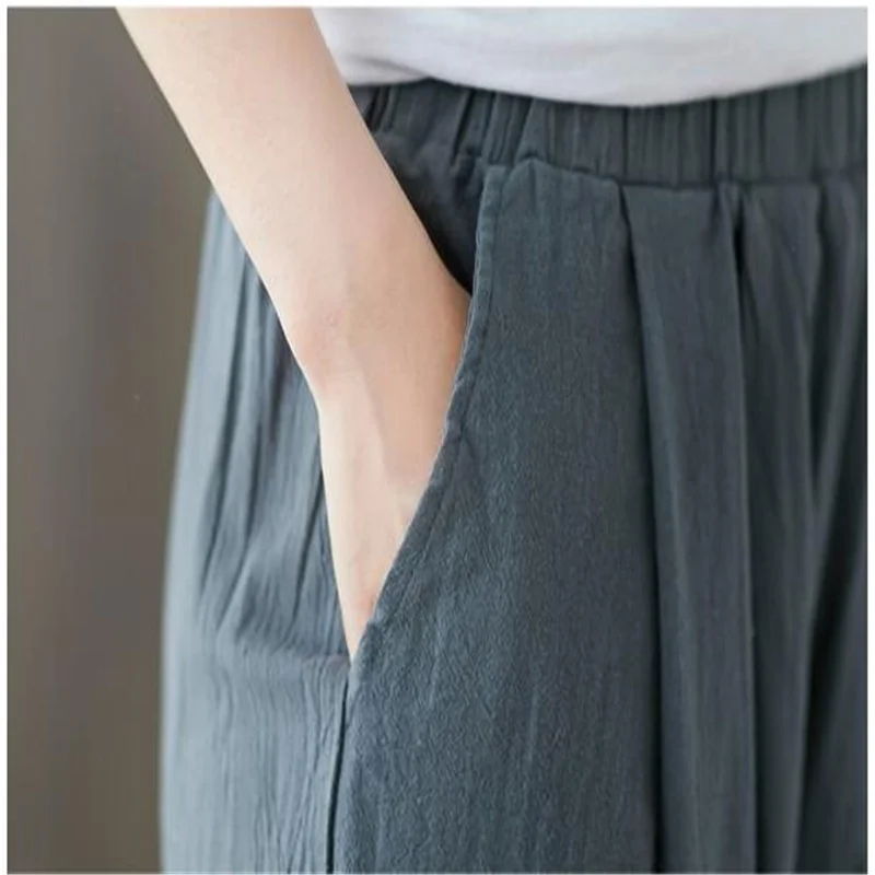 

Cotton and linen loose plus size women's all-match elastic waist solid color harem pants nine-point pants