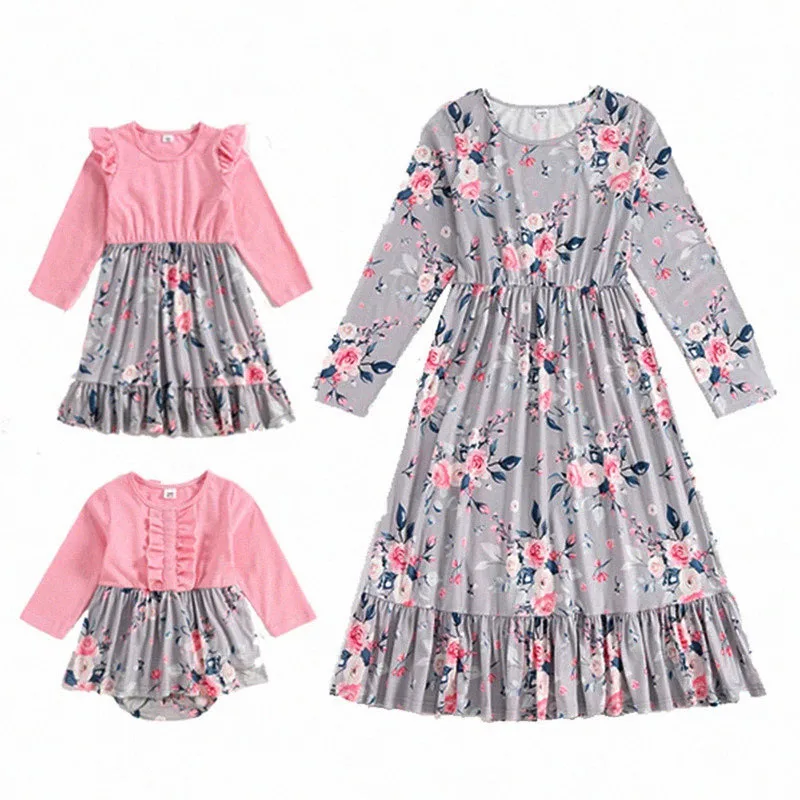 Весенне осеннее платье с цветочным принтом для всей семьи длинным рукавом одежда