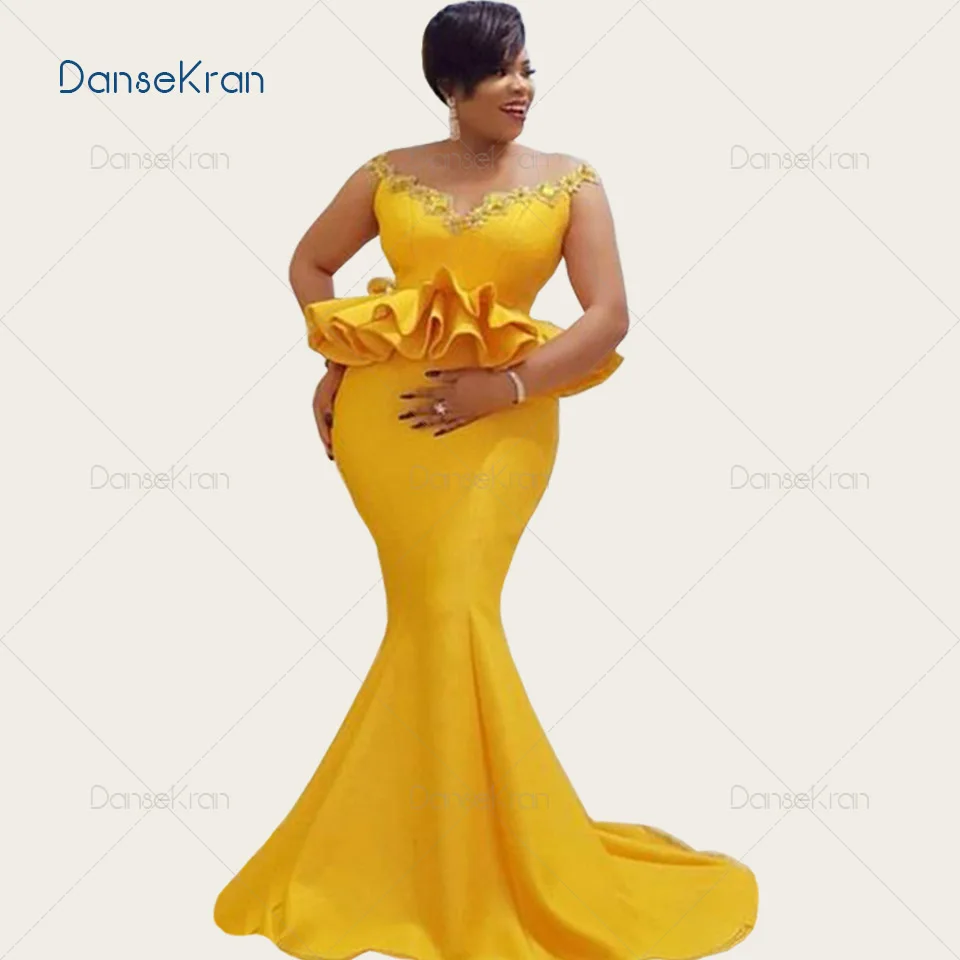 

Mermaid Yellow Evening Dresses 2021 Off The Shoulder Ruffled Long Formal Prom Dresses With Appliques Robe De Soiree De Mariage