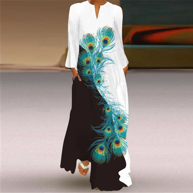 

Женское повседневное пляжное платье, Длинное Элегантное Платье макси с принтом в виде павлиньих перьев и длинным рукавом, осень 2021