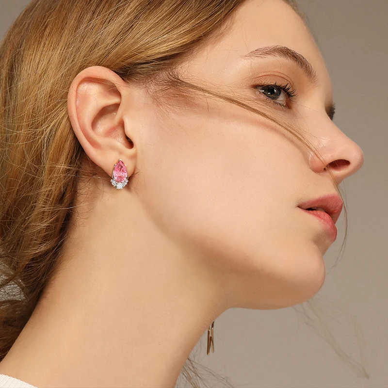 

OEVAS High Quality Blue Pink Color Zircon Big Water Drop Stud Earrings for Women Sparking AAA CZ Party jewelry Ladies Girls Gift